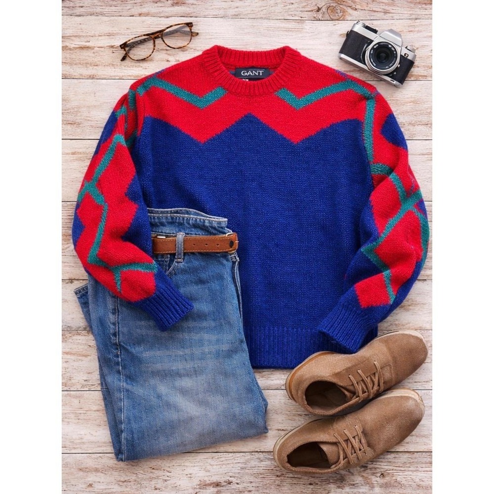 GANT VTG 100% Wool Colorblock Sweater 90s Preppy Men's Large/Women's Oversized L